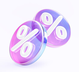 3d glass holographic falling circle sale tag or label with percent sign render. Rainbow crystal round shopping discount badge with pink blue gradient. Offer, price, bank interest rate. 3D illustration