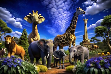 Fototapeta premium Vibrant Cartoon Landscape of a Zoo with Playful Animals Under a Bright Sky, Featuring Elephants, Giraffes, Lions, and Monkeys in a Whimsical Environment