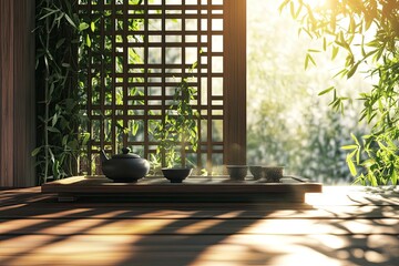 Naklejka premium Realistic 3D render empty teak wood traditional asian tea table with green bamboo plants, wooden chinese pattern screen panel, Morning sunlight. with generative ai