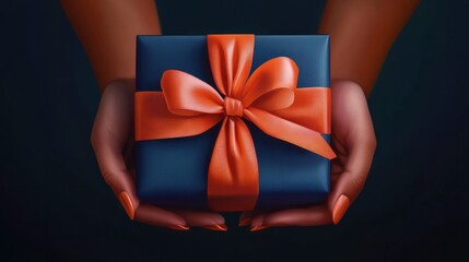 Close-up of hands holding a navy gift box tied with an orange ribbon, perfect for celebrations and special occasions.