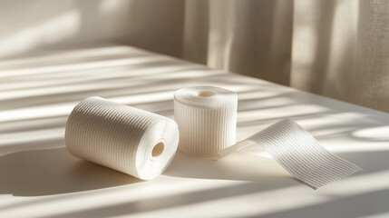 Two toilet paper rolls on table with natural shadows
