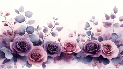 Partial watercolor floral border frame with purple roses, lilac peonies, and eucalyptus greenery, light and natural arrangement along top and bottom edges