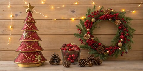 A Festive Christmas Tabletop Display with Red and Gold Ornaments, Pine Cones, and a Decorative Wreath Adorned with Twinkling Lights