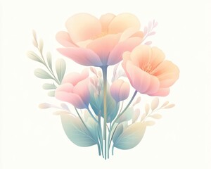Fototapeta premium Pastel Floral Bouquet: A delicate arrangement of pastel pink and yellow flowers with green foliage, painted in a soft, watercolor style. The bouquet evokes a sense of tranquility and serenity.
