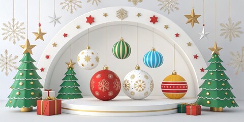 A Festive Christmas Scene With Hanging Ornaments, Gift Boxes, and Snowy Trees on a White Platform