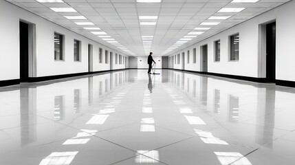 Lone figure in reflective, minimalist hallway with fluorescent lighting