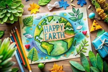 Vibrant Earth Day Campaign Posters in Watercolor with Crayon and Paper Cut-Out Style, Featuring Eco-Friendly Banners and Designs for Environmental Awareness and Celebration