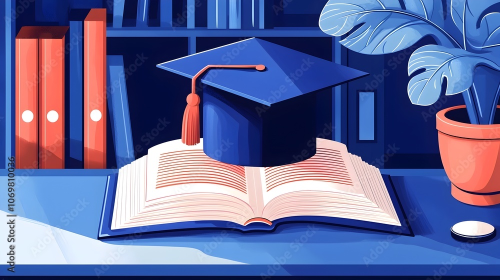 Aufkleber graduation cap and open book on a modern office desk symbolizing the transition from academic learni