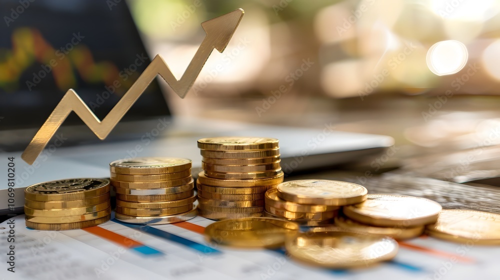 Poster stacked coins resting on a financial document with upward pointing arrows symbolizing growth profits