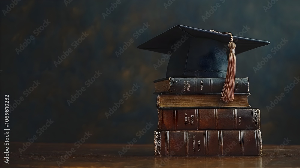 Poster graduation cap and stack of books arranged on a smooth solid grey background providing a clean and p