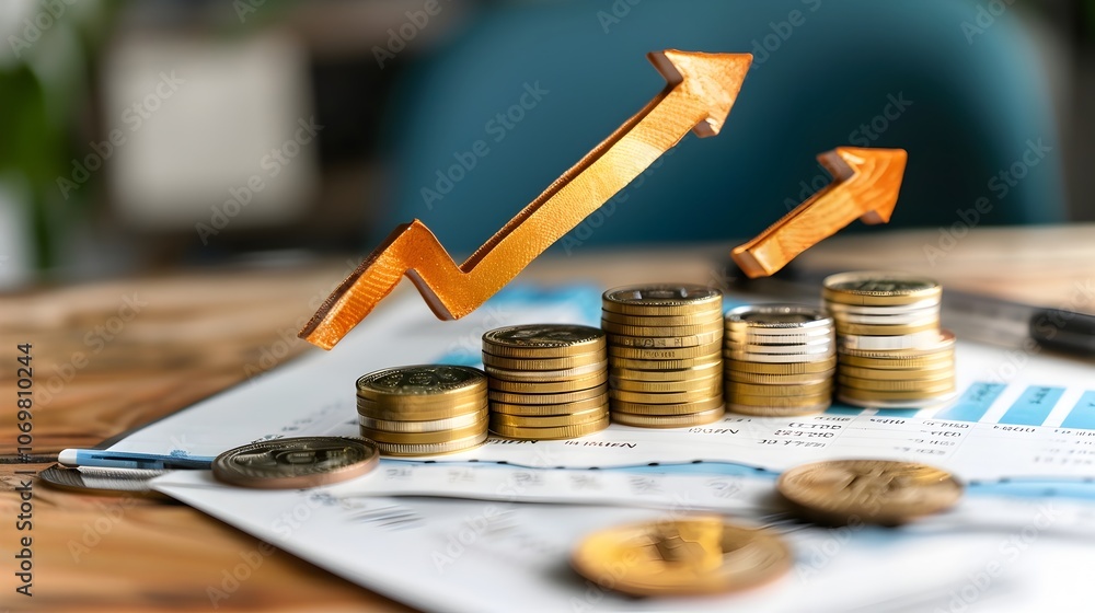 Aufkleber stacked coins on top of a financial document with upward pointing arrows representing the concept of