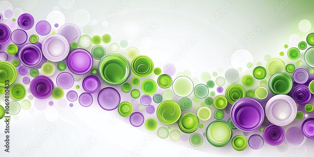 Poster vibrant green and purple circles in wave pattern on white background with ample copy space for creat