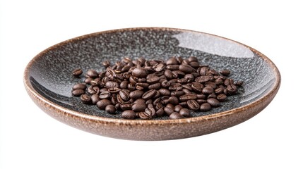 Fototapeta premium Arrangement of coffee beans, milk coffee, and black coffee on a ceramic plate, isolated for style