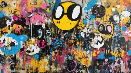 Obraz premium Dynamic Abstract Graffiti Art on Urban Wall with Bold Colors and Drips – Vibrant Street Art Featuring Yellow, Blue, Red, and Black Spray Paint Layers, Capturing the Energy