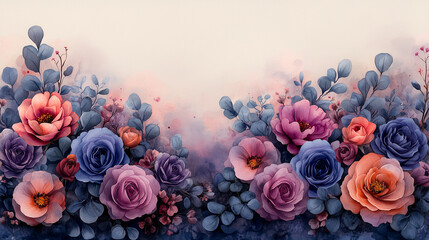 Watercolor floral border frame, elegant spread of violet roses, lilac peonies, and eucalyptus greenery, soft and natural watercolor effect, transparent background