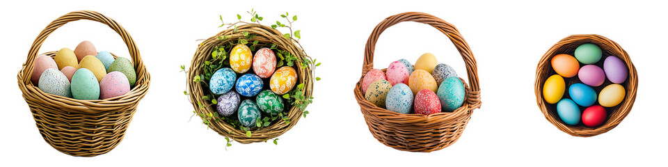 Set of an Easter basket with colorful eggs, isolated on a transparent background.