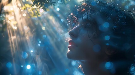 Naklejka premium Woman in Forest with Sunlight and Water Drops - Mystical Portrait