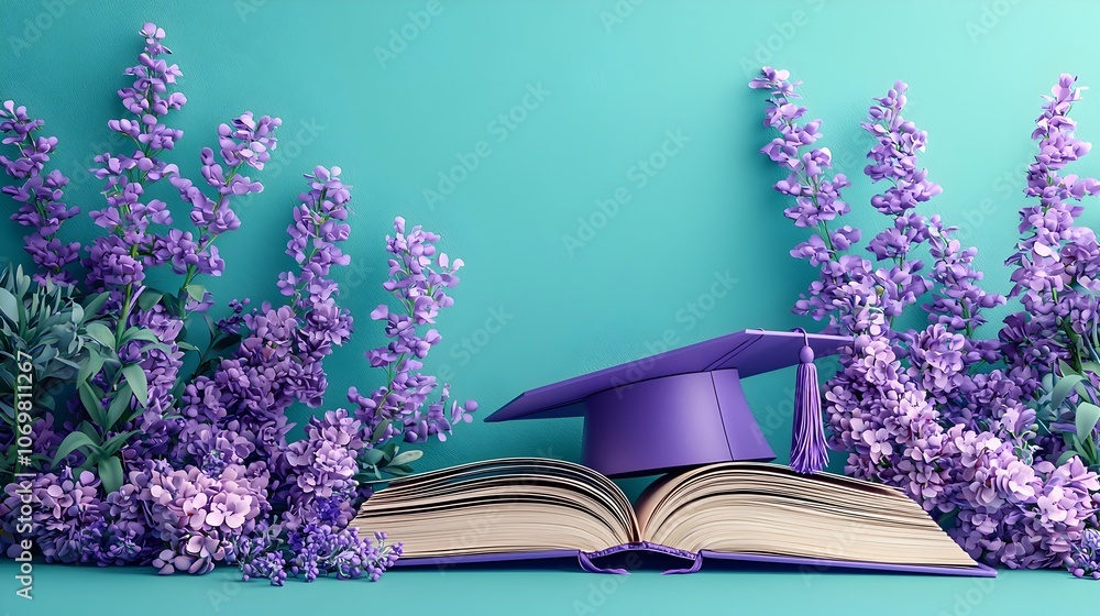 Poster graduation cap gently placed on an open book against a serene pastel colored background creating a c
