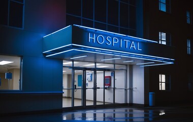 Fototapeta premium hospital entrance at night with neon lights