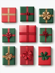 Different green and red christmas gift boxes stacked isolated on white background, PNG