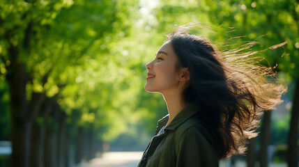 Naklejka premium 바람 속에 서서 자연을 느끼며 웃음 짓는 여성, 초록이 우거진 거리에서의 순간을 포착, AI 생성 
