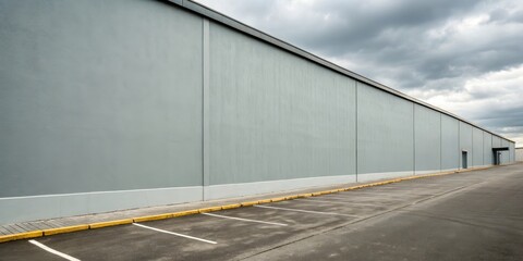A large empty parking lot with a long grey wall in the background and a cloudy sky above