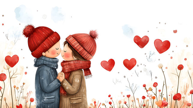 Watercolor painting style illustration of a cartoon couple in love for Valentine's Day.