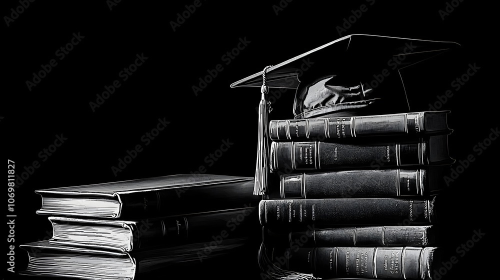 Aufkleber graduation cap placed next to a stack of books on a solid black background emphasizing the items in 