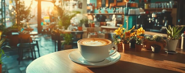 Warm cappuccino in a cozy cafe setting, celebrating International Coffee Day