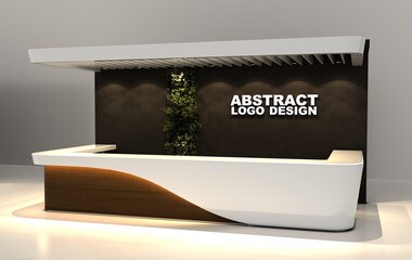 Kiosk stand booth market cart for sell product food drink wood decoration stainless steel construction with blank space logo company. Coffee exhibition stand.	Welcome desk. Info desk, counter, event.