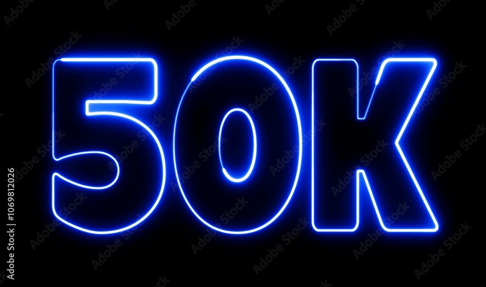Poster 50k text font with light. luminous and shimmering haze inside the letters of the text 50k. 50k neon 