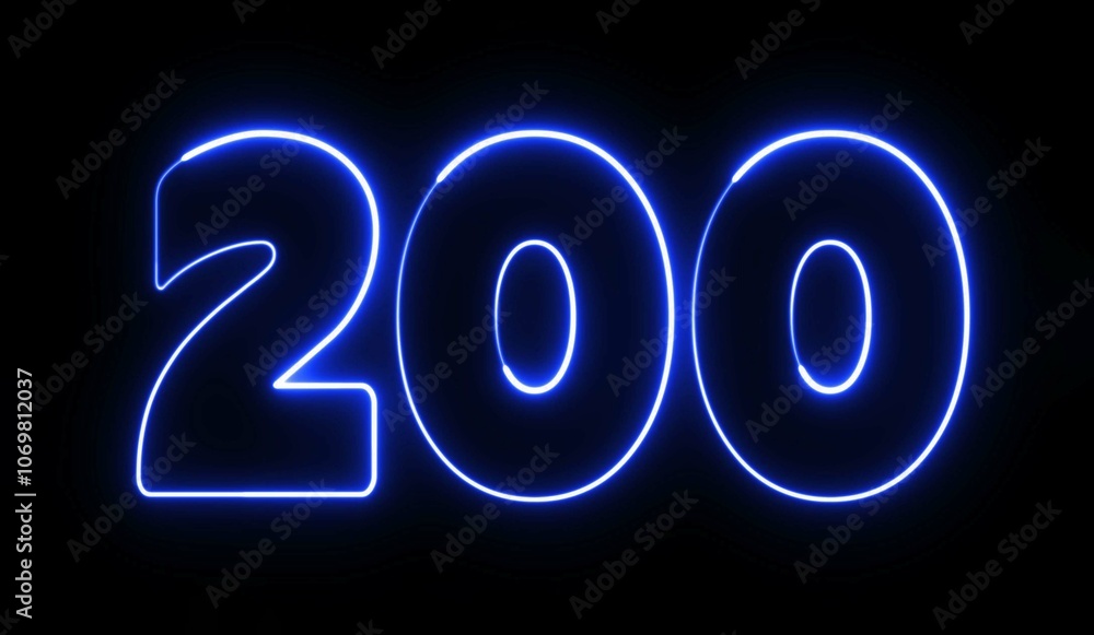 Aufkleber 200 text font with light. luminous and shimmering haze inside the letters of the text 200. 200 neon 