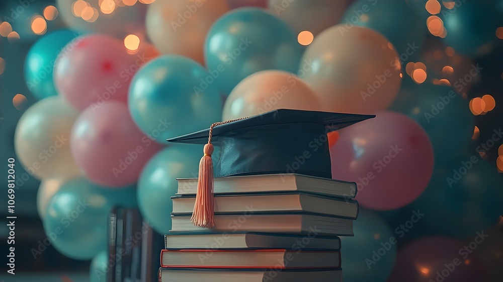 Poster graduation cap placed next to a stack of books with a soft blurred background of colorful balloons
