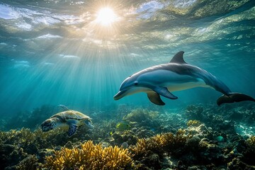 Naklejka premium a bottlenosed dolphin a its calf under the surface of the ocean with sun rays shining through with other tropical fish, bright corals and a sea turtle.generative ai