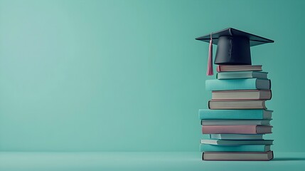 Graduation cap placed on top of a stack of books set against a light blue background symbolizing academic achievement education and the successful completion of higher learning pursuits