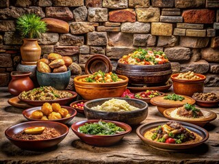 Fototapeta premium Vibrant Peruvian Cuisine Against the Historic Inca Wall in Cusco, Peru - A Flavorful Journey Through Time with Stunning Food Presentation and Cultural Heritage