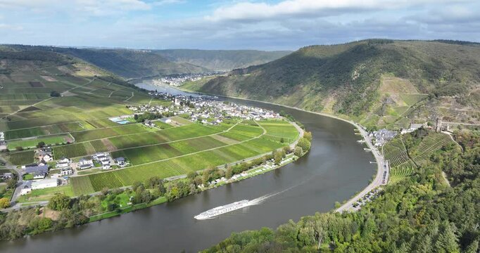 Aerial drone video of a valley in the town of Beilstein on the Moselle river in the German state of Rhineland Palatinate