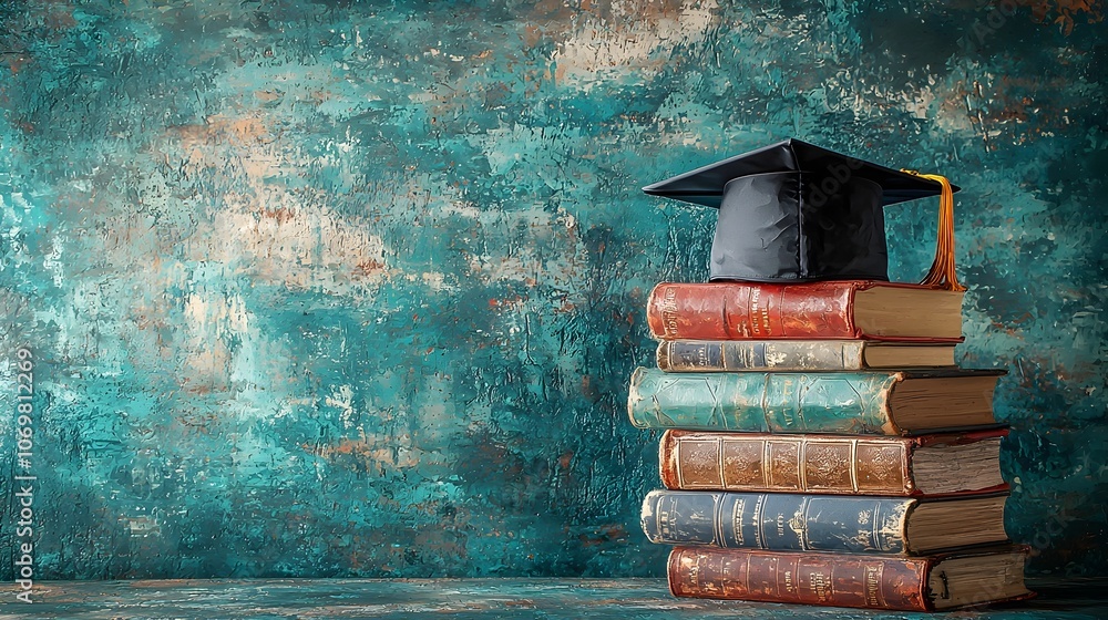 Poster graduation cap placed on top of a stack of books set against the background of a vibrant and inspiri
