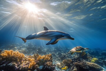 Obraz premium a bottlenosed dolphin a its calf under the surface of the ocean with sun rays shining through with other tropical fish, bright corals and a sea turtle.generative ai