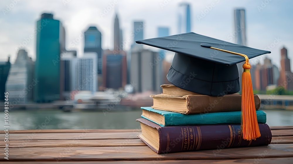 Poster graduation cap resting atop a stack of books with a cityscape skyline in the background representing