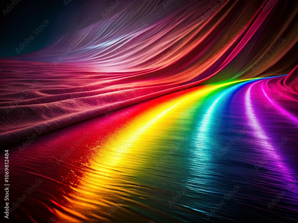 Poster vibrant rainbow gradient flowing diagonally across a dark canvas, transitioning from deep red to vio