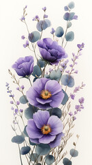 Loose watercolor floral border frame, organic arrangement of purple and lilac flowers, eucalyptus leaves, light and airy, soft transparent background