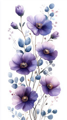 Loose watercolor floral border frame, organic arrangement of purple and lilac flowers, eucalyptus leaves, light and airy, soft transparent background