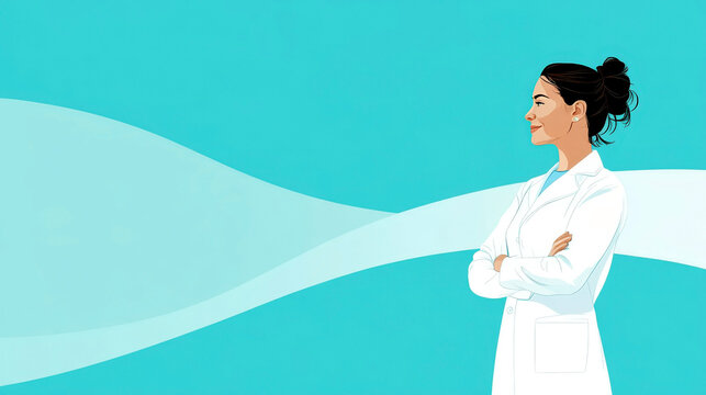 Celebrating National doctor day - woman with protective mask for healthcare awareness. International Nurses Day. Medical Worker Day. Horizontal banner. Copy space. Flat illustration - Powered by Adobe