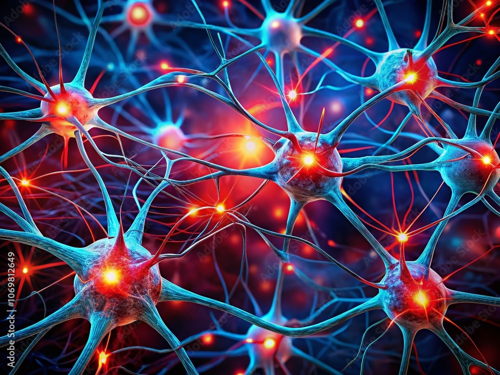 Poster vibrant red neurons interconnected with deep blue synaptic links on a dark background, ideal for neu