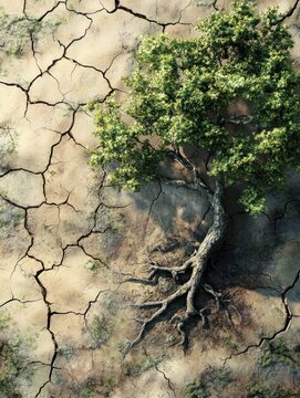 Dry land cracked soil green tree gl obal warming.