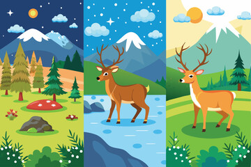 flat illustration collage of forest landscape with deer