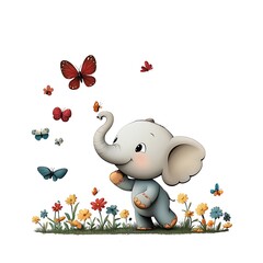 Cute Baby Elephant Playing with Butterflies in Nature