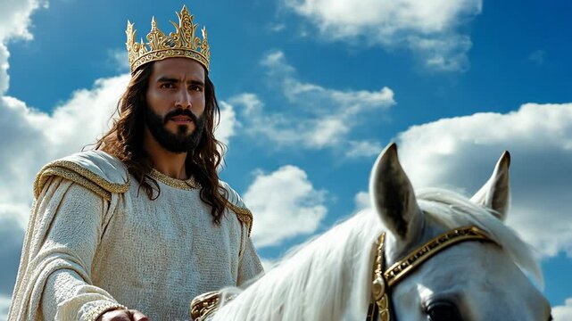 Jesus Crist wearing gold crown and white robe riding on white horse back with blue clear sky as background