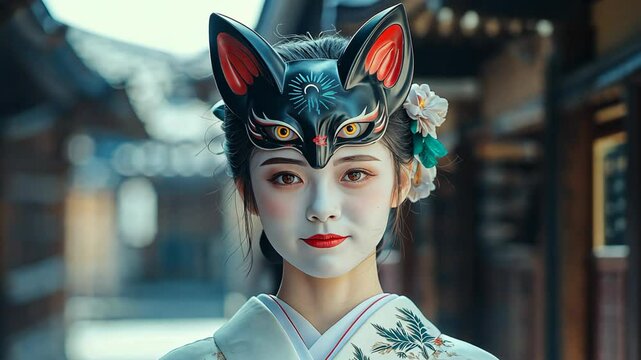 charming Japanese woman wearing traditional dress with Kitsune mask ,close up face portrait